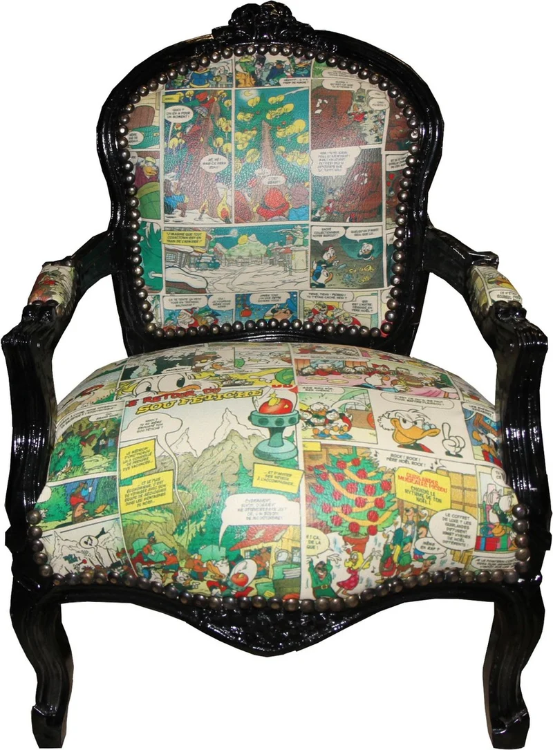 Casa Padrino Barock Kinderstuhl Comic Lederoptik / Schwarz - Handgefertigter Armlehnstuhl aus Massivholz, 73 x 51 x 37 cm