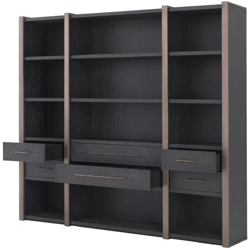 Casa Padrino Luxus Regalschrank mit 6 Schubladen Anthrazitgrau / Bronzefarben 253 x 47 x H. 229 cm - Bücherschrank - Wohnzimmerschrank - Büroschrank - Luxus Schrank