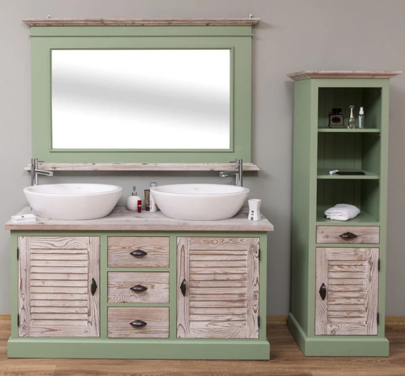 Casa Padrino Landhausstil Badezimmer Set Grün / Naturfarben - 1 Doppelwaschtisch & 1 Wandspiegel & 1 Regalschrank - Massivholz Badezimmer Möbel im Landhausstil