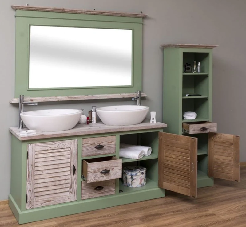 Casa Padrino Landhausstil Badezimmer Set Grün / Naturfarben - 1 Doppelwaschtisch & 1 Wandspiegel & 1 Regalschrank - Massivholz Badezimmer Möbel im Landhausstil