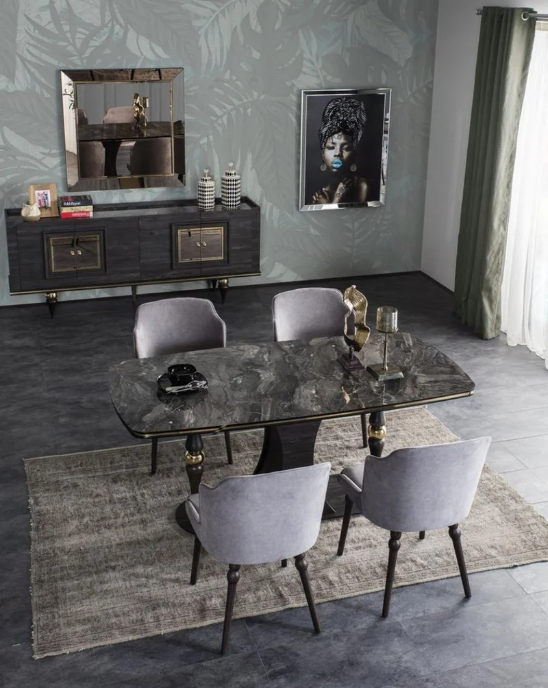Casa Padrino Luxus Art Deco Esszimmer Set Grau / Schwarz / Messingfarben - 1 Esszimmertisch mit Glasplatte in Marmoroptik & 4 Esszimmerstühle - Art Deco Esszimmer Möbel