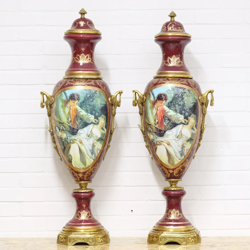 Casa Padrino Luxus Porzellan Vasen Set Bordeauxrot / Gold 30 x H. 100 cm - Dekorationen im Barockstil