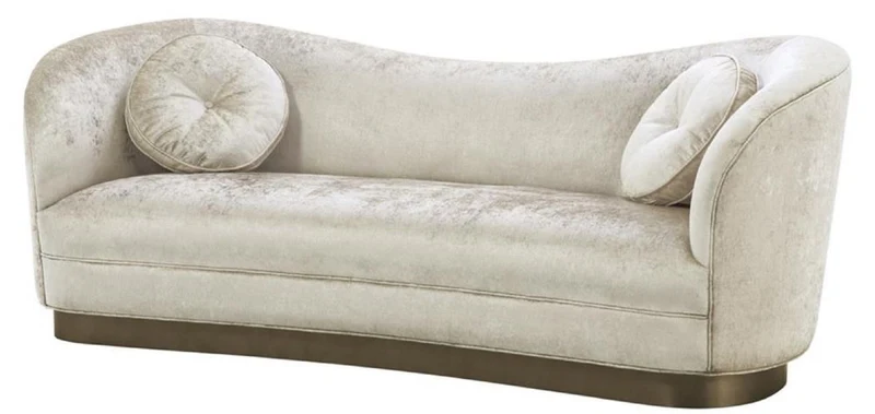 Casa Padrino Luxus Wohnzimmer Sofa Weiß-Beige / Bronze 230 x 85 x H. 82 cm - Gebogene Luxus Couch mit 2 dekorativen Kissen