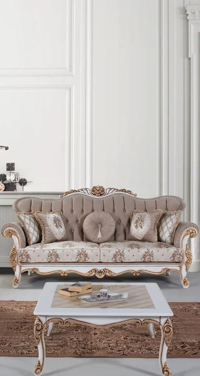 Casa Padrino Luxus Barock Couchtisch Beige / Weiß / Bronze 89 x 65 x H. 45 cm - Massivholz Wohnzimmertisch im Barockstil - Barock Wohnzimmer Möbel