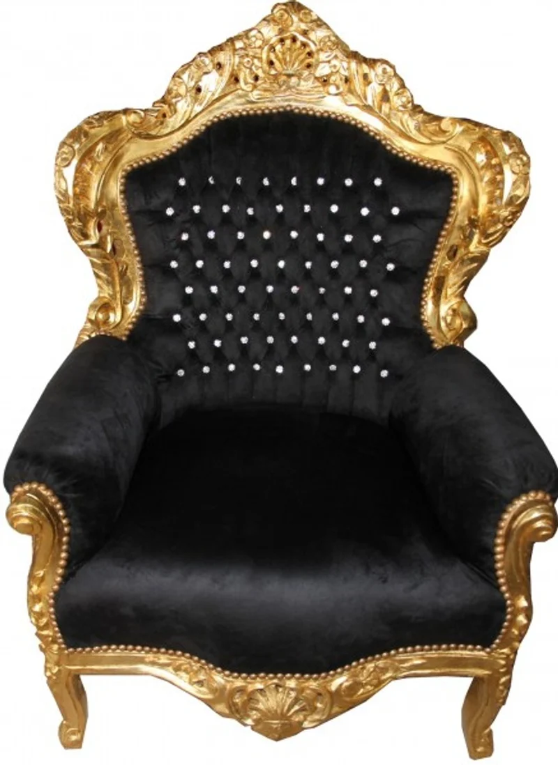 Casa Padrino Barock Sessel King Schwarz / Gold mit Glitzersteinen - Luxus Barock Sessel 120 x 85 x 85 cm