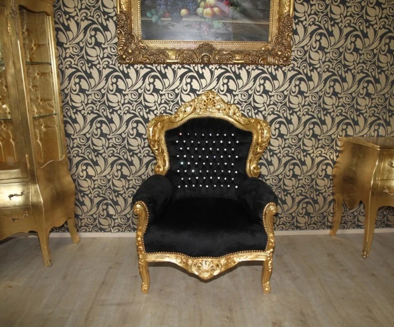Casa Padrino Barock Sessel King im Antik Stil, Schwarz Gold mit Glitzersteinen, 120 x 85 x 85 cm