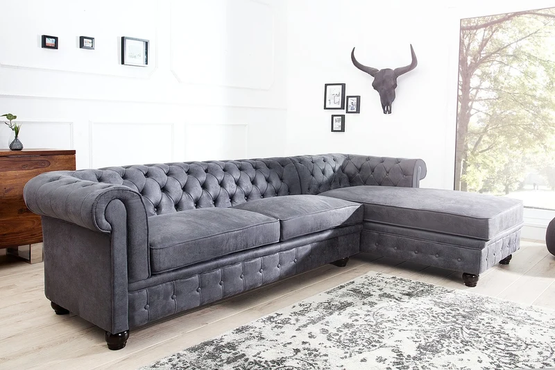 Casa Padrino Chesterfield Ecksofa in Antikgrau - Wohnzimmer Möbel - Couch