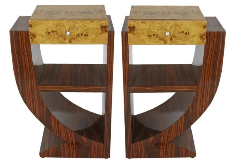 Casa Padrino Art Deco Beistelltisch Set Braun / Hellbraun 50 x 40 x H. 75 cm - Mahagoni & Wurzelholz Beistelltische mit Schublade - Nachttische - Luxus Qualität