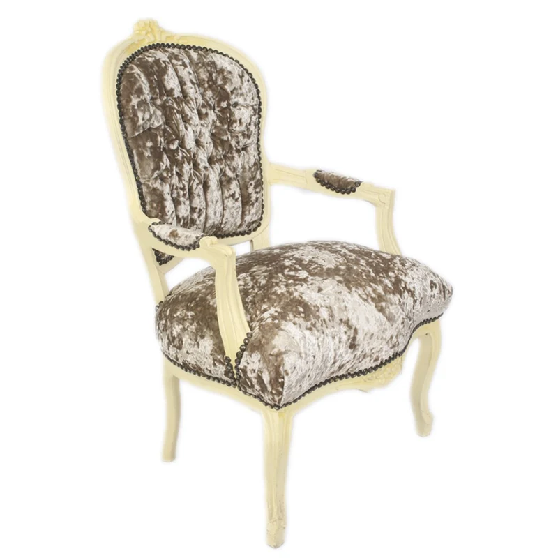Casa Padrino Barock Salon Stuhl Khaki Velour Stoff / Creme - Antik Design Möbel