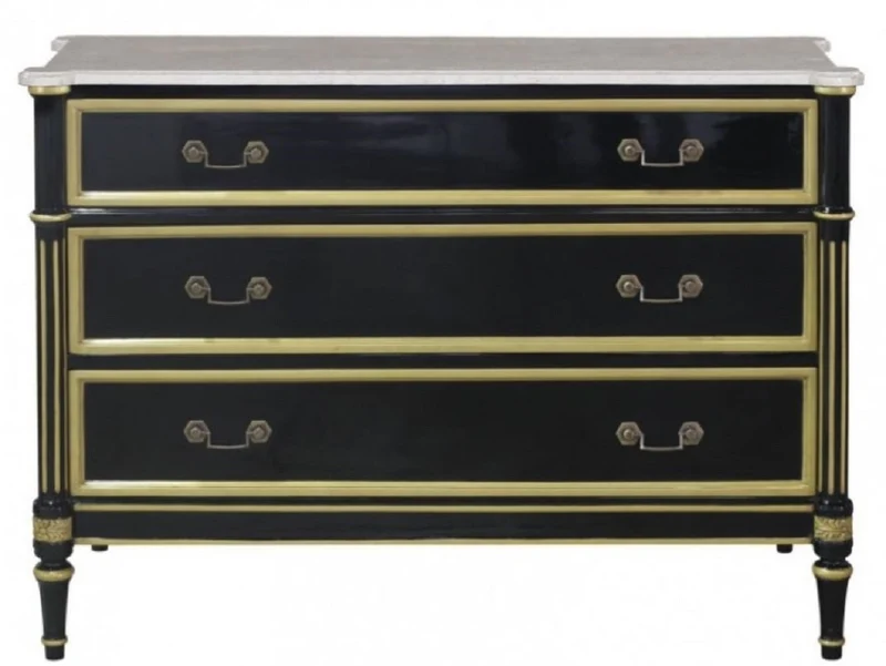 Casa Padrino Luxus Barock Kommode mit 3 Schubladen und Marmorplatte Schwarz / Gold / Weiß 111,3 x 52,6 x H. 81,3 cm - Luxus Möbel im Barockstil
