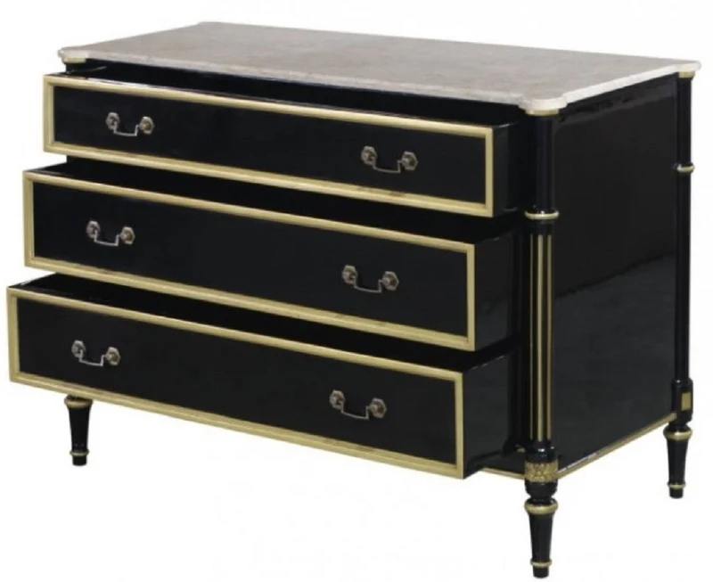 Casa Padrino Luxus Barock Kommode mit 3 Schubladen und Marmorplatte Schwarz / Gold / Weiß 111,3 x 52,6 x H. 81,3 cm - Luxus Möbel im Barockstil