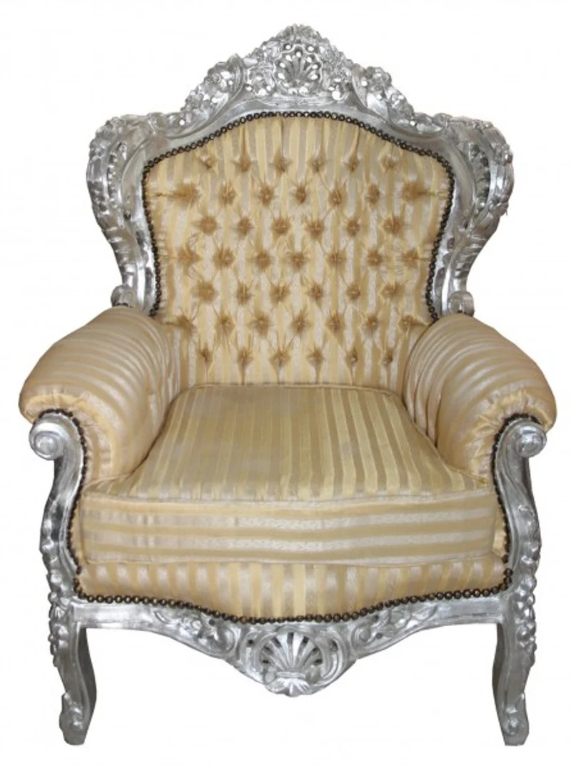 Casa Padrino Barock Sessel King Mod2 Gold / Beige Streifen / Silber - 116 x 85 x 60 cm
