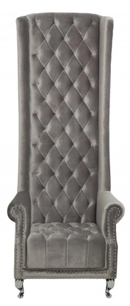 Casa Padrino Chesterfield High Back Sessel Silbergrau - Thron König Hochlehn Sessel - Modern Barock Hochlehner