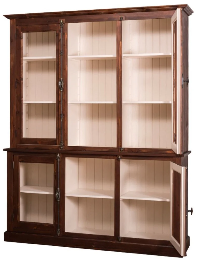 Casa Padrino Landhausstil Wohnzimmerschrank Dunkelbraun / Creme 184 x 48 x H. 228 cm - Massivholz Vitrinenschrank mit 4 Glastüren