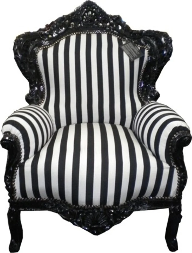 Casa Padrino Barock Sessel King im Antik Stil, Schwarz / Weiß gestreifter Bezug und schwarzer Rahmen, 120 x 85 x 85 cm