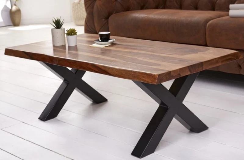 Casa Padrino Massivholz Couchtisch mit Metallbeinen Braun / Schwarz 110 x 60 x H. 40 cm - Rechteckiger Wohnzimmertisch im Industrie Look - Wohnzimmer Möbel