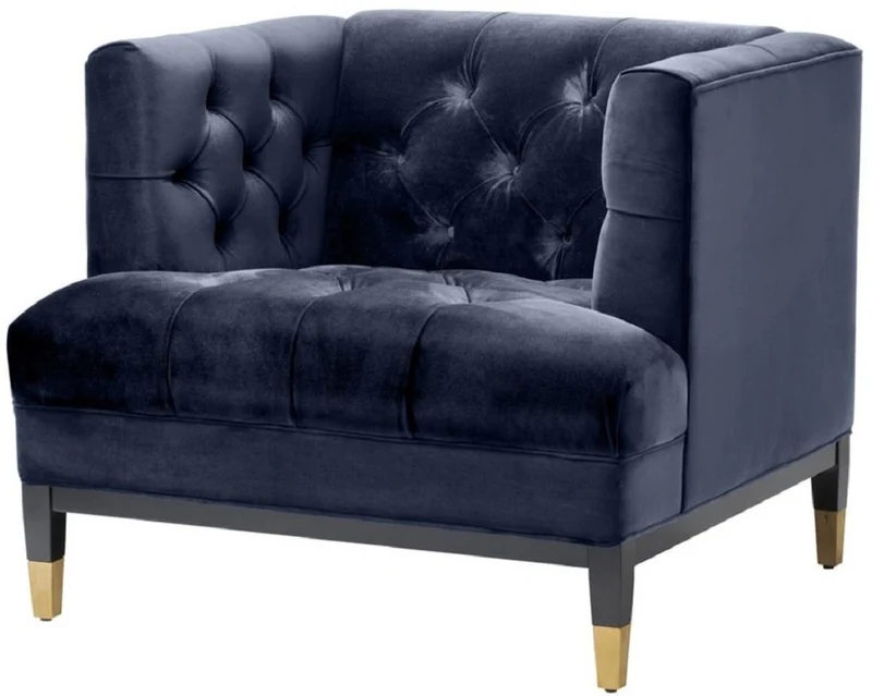 Casa Padrino Luxus Wohnzimmer Sessel Mitternachtsblau / Schwarz / Messingfarben 93 x 85 x H. 79 cm - Chesterfield Möbel