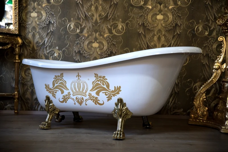 Pompöös by Casa Padrino Luxus Badewanne Deluxe freistehend von Harald Glööckler Weiß / Gold / Weiß 1560mm mit goldfarbenen Löwenfüssen