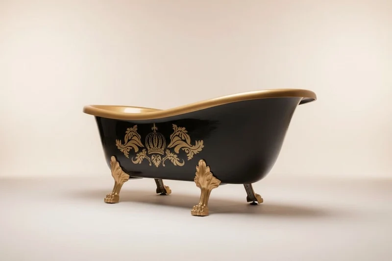 Pompöös by Casa Padrino Luxus Badewanne Deluxe freistehend von Harald Glööckler Schwarz / Gold / Schwarz 1560mm mit goldfarbenen Löwenfüssen