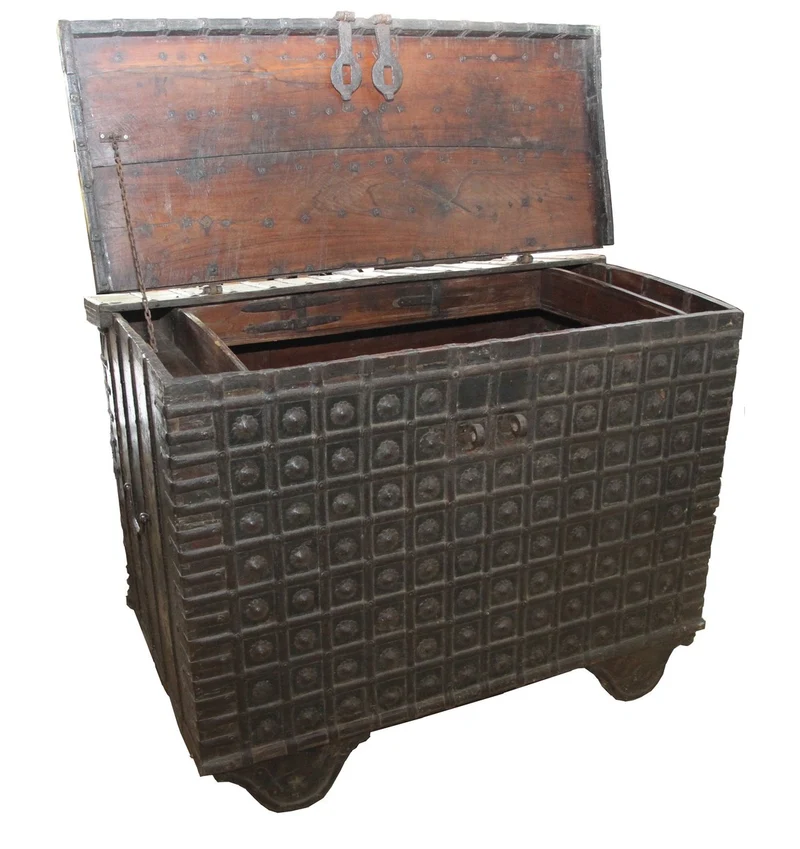 Casa Padrino Antik Stil Massivholz Truhe - Antike Truhe aus Massivholz mit Metall - L 122 x B 75 x H 91 cm