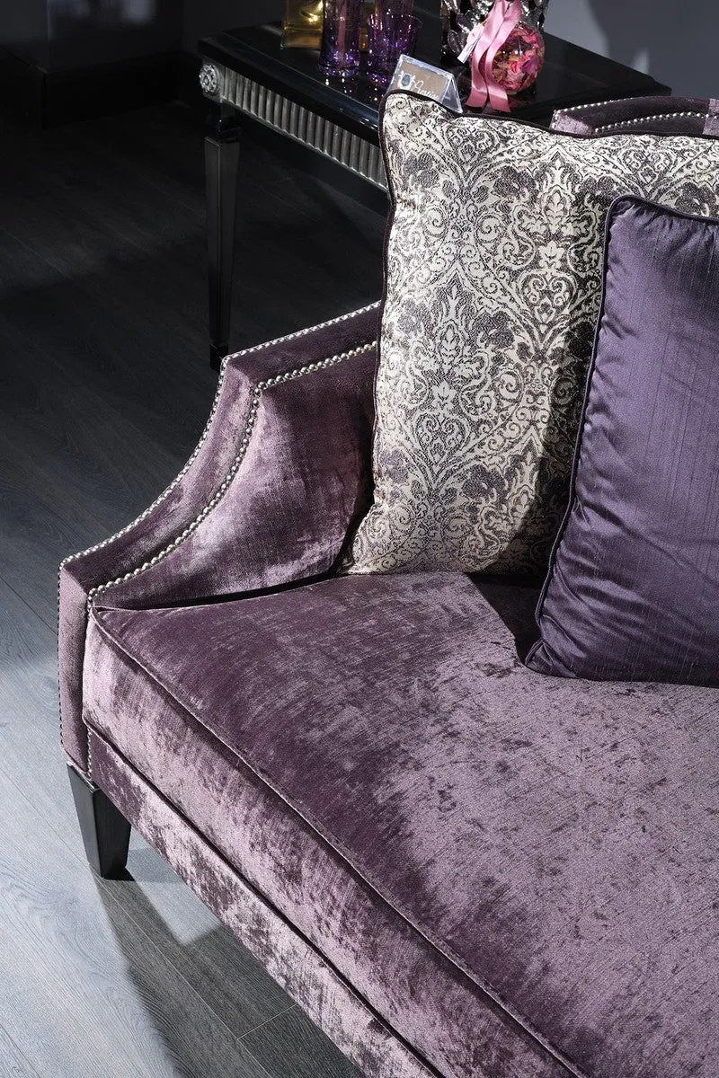 Casa Padrino Luxus Barock Samtsofa Lila / Schwarz / Silber 245 x 93 x H. 90 cm - Wohnzimmer Sofa - Barock Wohnzimmermöbel