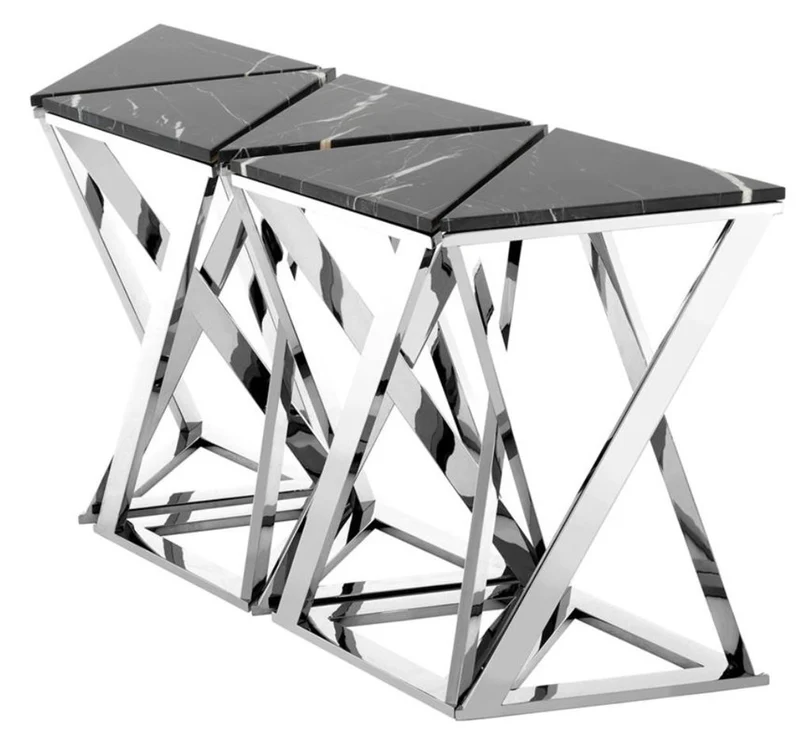 Casa Padrino Luxus Konsolen 5er Set in silber mit schwarzem Marmor 143 x 41 x H. 80,5 cm - Designer Hotel Möbel