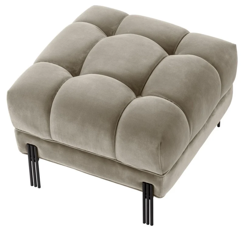 Casa Padrino Luxus Fußhocker Greige / Schwarz 59 x 59 x H. 43 cm - Samt Hocker mit Edelstahl Beinen - Wohnzimmer Möbel