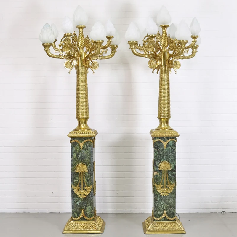 Casa Padrino Barock Stand Kronleuchter Set mit Marmor Säulen, Schwarz-Grün / Gold, Höhe 200 cm