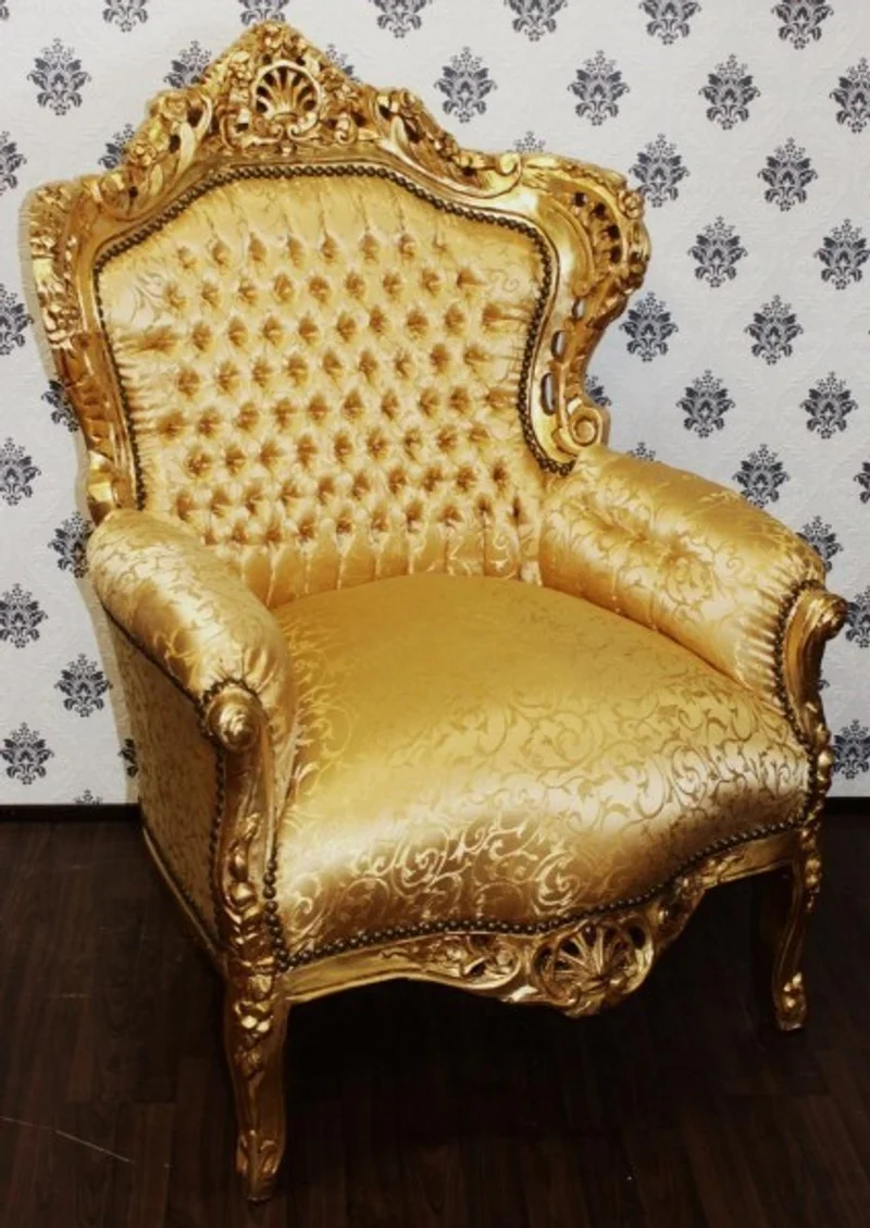 Casa Padrino Barock Sessel King Gold Muster / Gold, handgefertigt, Massivholz, 120 x 85 x 85 cm