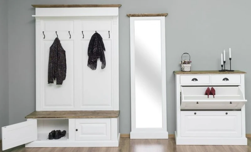 Casa Padrino Landhausstil Massivholz Garderobenmöbel Set Weiß / Braun - Garderobenschrank - Spiegel - Schuhschrank - Möbel im Landhausstil