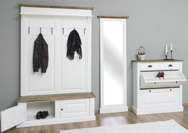 Casa Padrino Landhausstil Massivholz Garderobenmöbel Set Weiß / Braun - Garderobenschrank - Spiegel - Schuhschrank - Möbel im Landhausstil