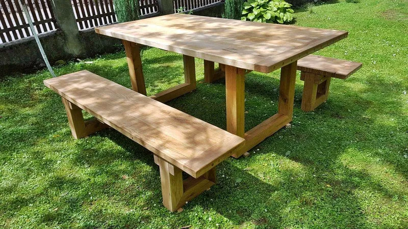 Casa Padrino Gartenmöbel Set Rustikal mit A-Gestell - Tisch + 2 Garten Bänke (Länge: 200 cm) - Eiche Massivholz