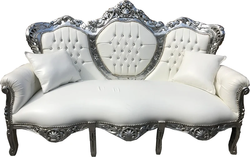Casa Padrino Barock 3er Sofa King Weiß Lederoptik / Silber mit Bling Bling Glitzersteinen - Wohnzimmer Couch Möbel Lounge