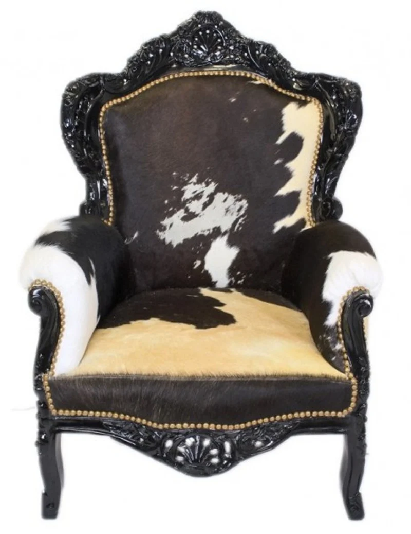 Casa Padrino Barock Sessel King Kuhfell schwarz, 120 x 85 x 85 cm - Handgefertigter Luxus Sessel