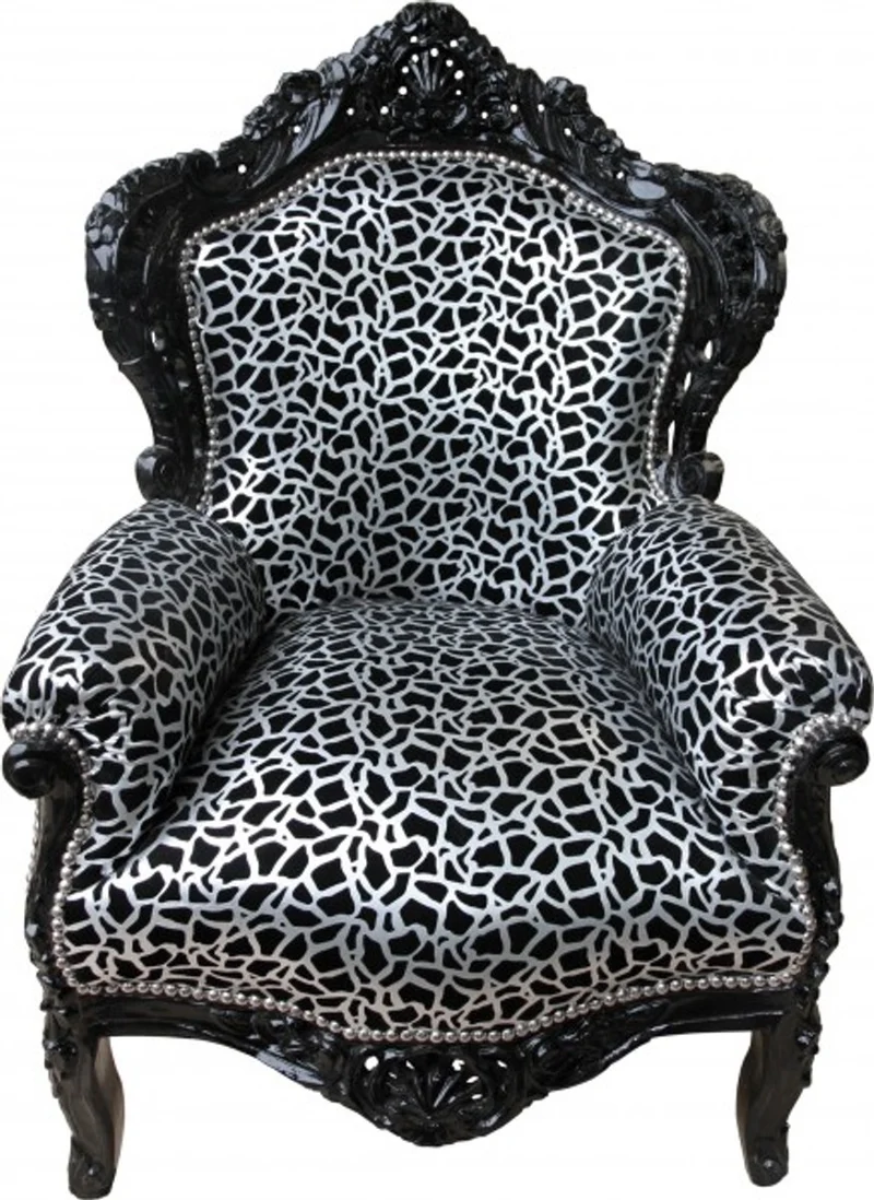 Casa Padrino Barock Sessel King im Antik Stil Silber Schwarz Muster und Schwarz 85 x 85 x H.120 cm
