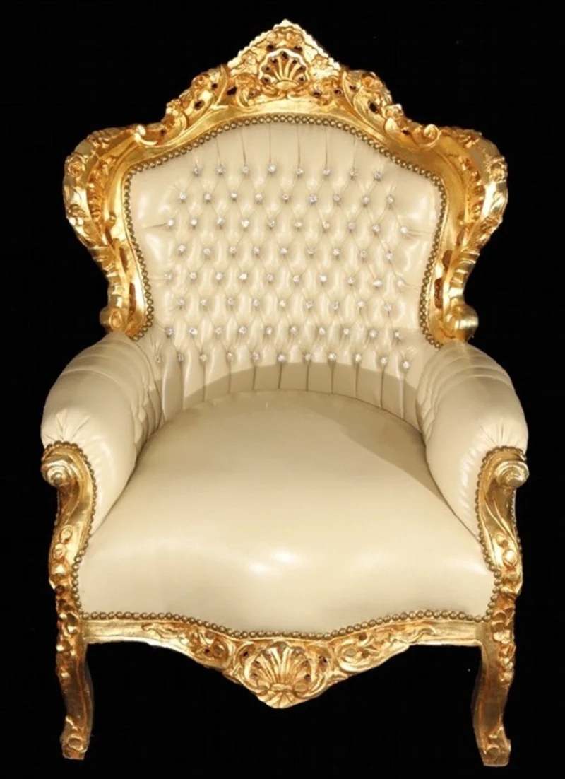 Casa Padrino Barock Sessel King im Antik Stil, Creme Lederoptik und Gold mit Bling Bling Glitzersteinen, 120 x 85 x 85 cm