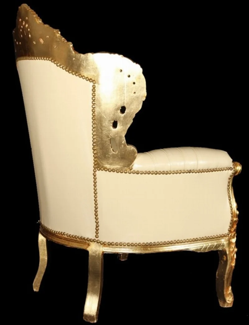 Casa Padrino Barock Sessel King im Antik Stil, Creme Lederoptik und Gold mit Bling Bling Glitzersteinen, 120 x 85 x 85 cm