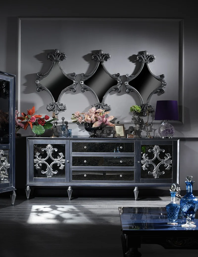 Casa Padrino Luxus Barock Wohnzimmer Set Grau / Blau / Silber - Kommode und 3 Spiegel - Barock Wohnzimmermöbel