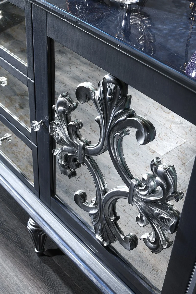Casa Padrino Luxus Barock Wohnzimmer Set Grau / Blau / Silber - Kommode und 3 Spiegel - Barock Wohnzimmermöbel