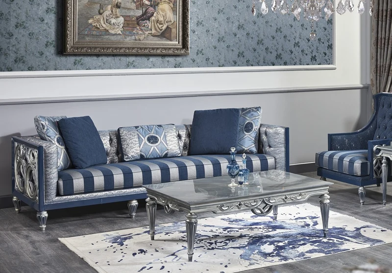 Casa Padrino Luxus Barock Chesterfield Sofa Blau / Silber gestreift 250 x 92 x H. 85 cm - Wohnzimmermöbel im Barockstil