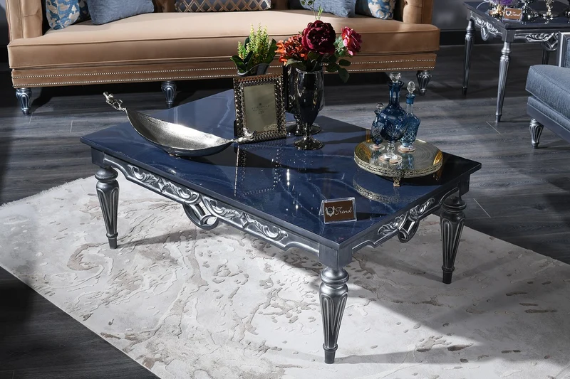 Casa Padrino Luxus Barock Couchtisch Blau / Silber 143 x 94 x H. 44 cm - Wohnzimmertisch im Barockstil