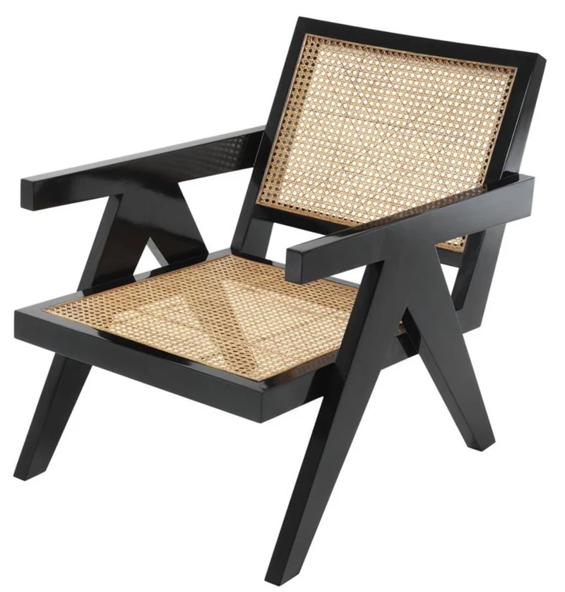 Casa Padrino Designer Stuhl mit Armlehnen in schwarz / naturfarben 58 x 82 x H. 70 cm - Designermöbel