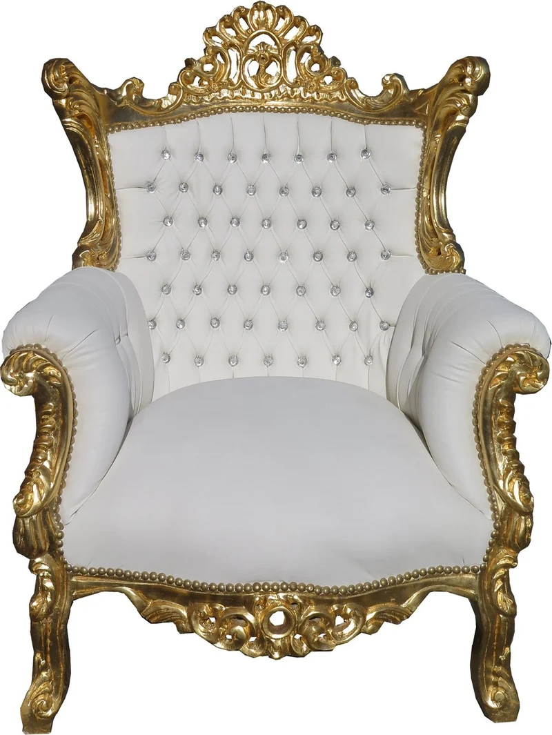 Casa Padrino Barock Sessel Al Capone Weiß / Gold mit Bling Bling Glitzersteinen - Breite 90 cm, Höhe 128 cm