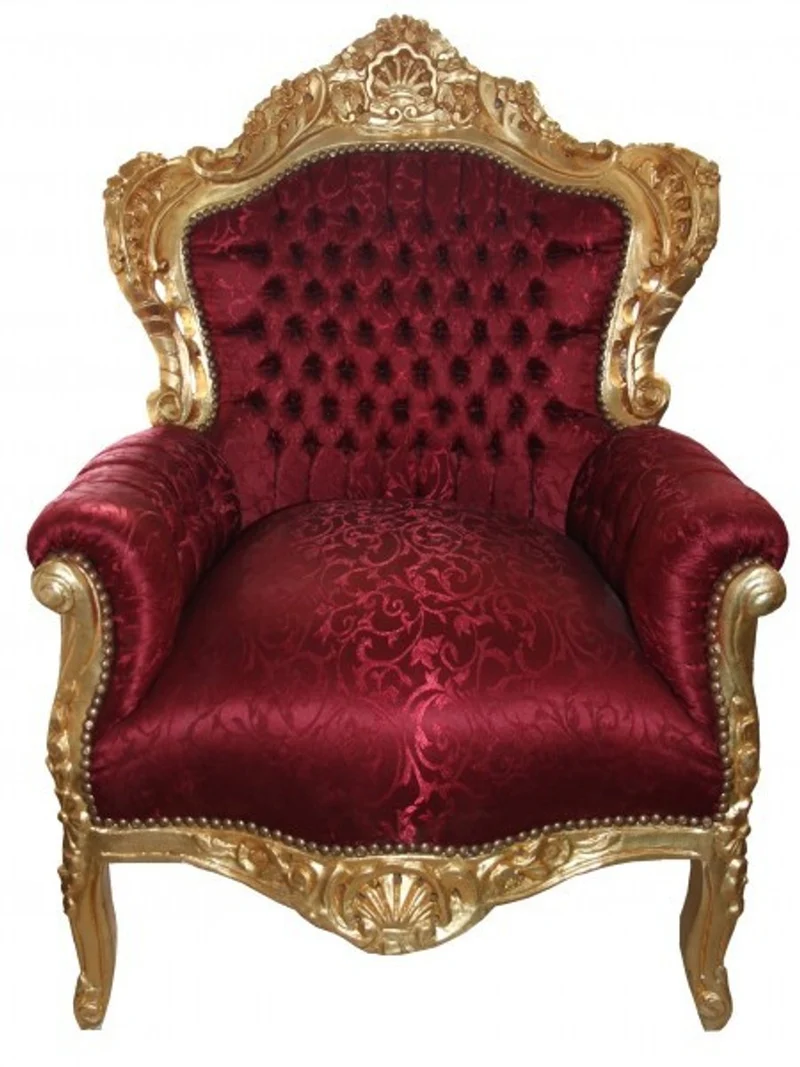Casa Padrino Barock Sessel King Bordeaux Musterstoff / Gold - Luxuriöser Antik Stil Sessel - 120 x 85 x 85 cm