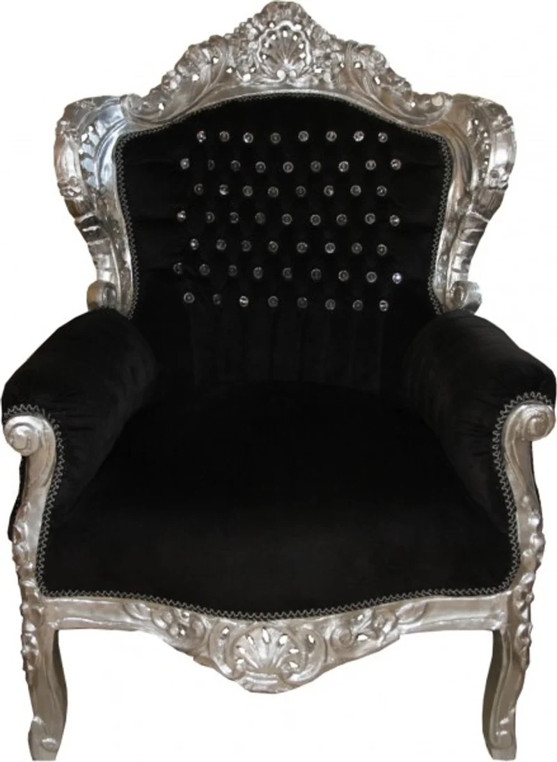 Casa Padrino Barock Sessel King im Antik Stil Schwarz / Silber mit Glitzersteinen 85 x 85 x H. 120 cm