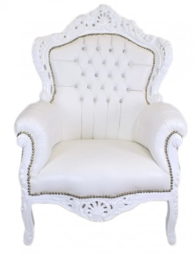 Casa Padrino Barock Sessel King Weiß Lederoptik mit Bling Bling Glitzersteinen, 120 x 85 x 85 cm