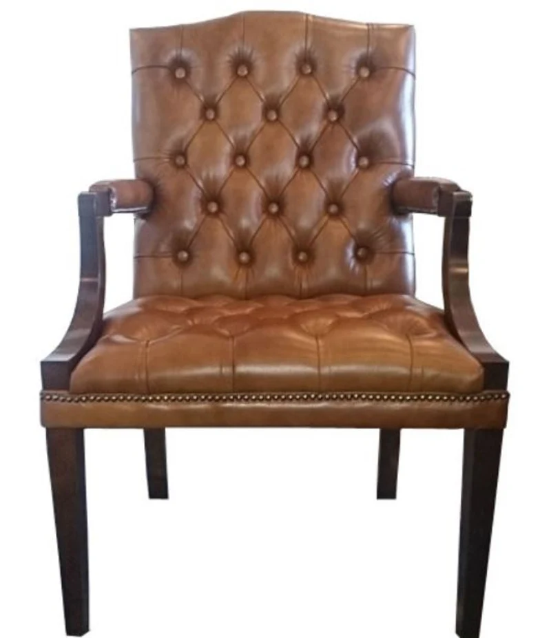 Casa Padrino Echtleder Esszimmerstuhl mit Armlehnen in braun / dunkelbraun 60 x 60 x H. 100 cm - Chesterfield Möbel