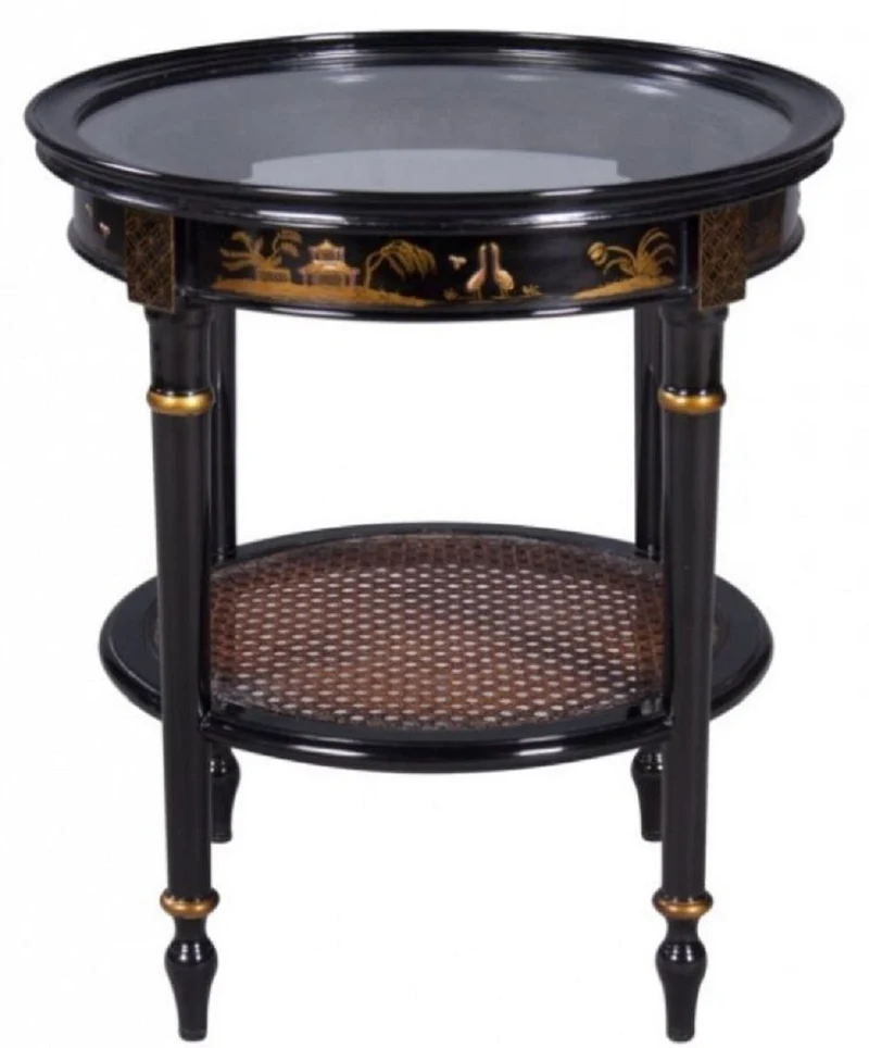 Casa Padrino Luxus Barock Beistelltisch Schwarz / Gold Ø 48 x H. 53 cm - Runder Mahagoni Beistelltisch mit Glasplatte und chinesischen Verzierungen