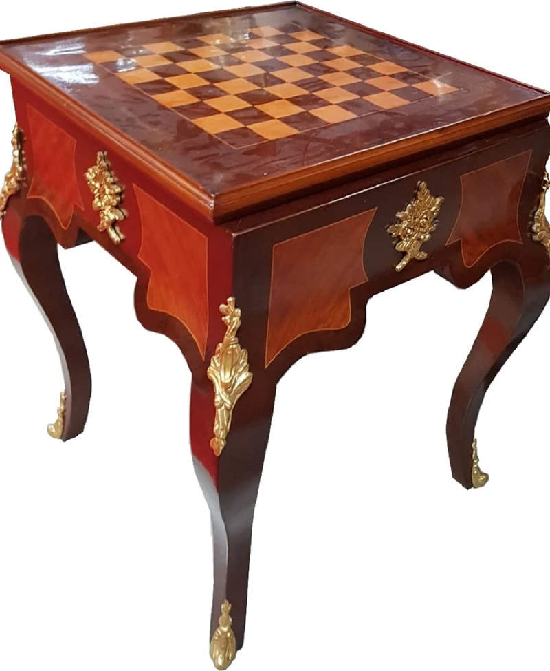 Casa Padrino Art Deco Massivholz Schachtisch Braun / Dunkelbraun / Beige / Messing 60 x 60 x H. 71 cm - Handgefertigter Spieltisch - Beistelltisch - Antik Stil Barock Möbel