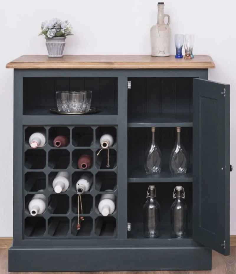 Casa Padrino Landhausstil Weinschrank mit Tür Graublau / Naturfarben 90 x 41 x H. 90 cm - Landhausstil Möbel